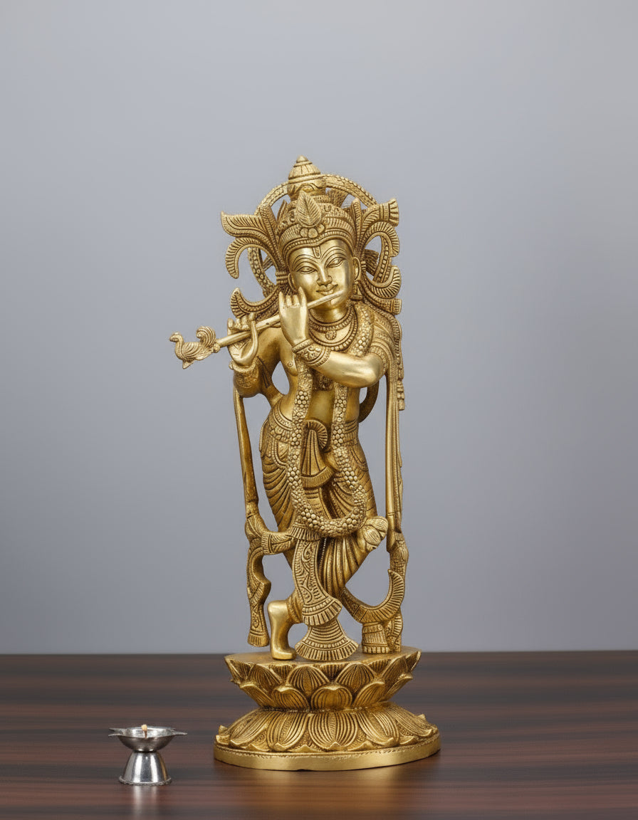 Brass Krishna Flute Playing Idol/Decorative Lord Krishna Standing Flute Statue/showpiece, Gift Item